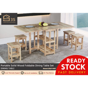 [3S FURNITURE] Portable Solid Wood Home Foldable Dining Table Set For 4-6 Easy To Store