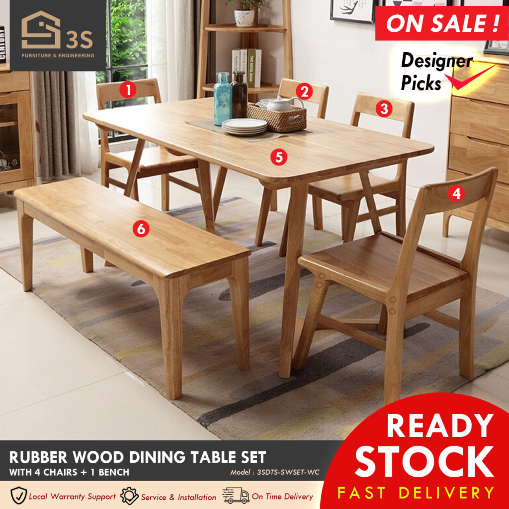 [3S FURNITURE] *Designer Pick* Modern Solid Rubber Wood Dining Table